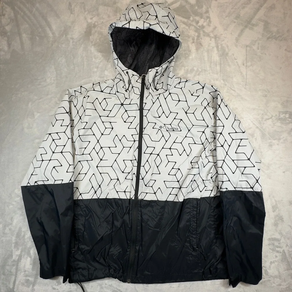 Columbia Windbreaker Jacket XL White Black Geometric Print Colorblock Full Zip